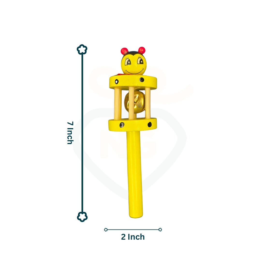 Yellow wooden rattle toy with soft bell sound