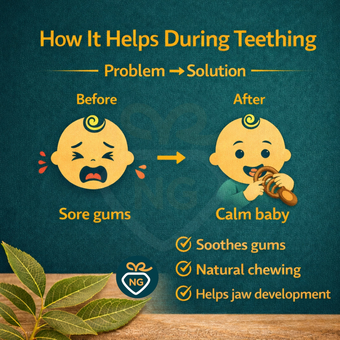 Neem Wood Teether Combo Set for Babies | Natural Wooden Teething Toys & Rattles (Pack of 3)