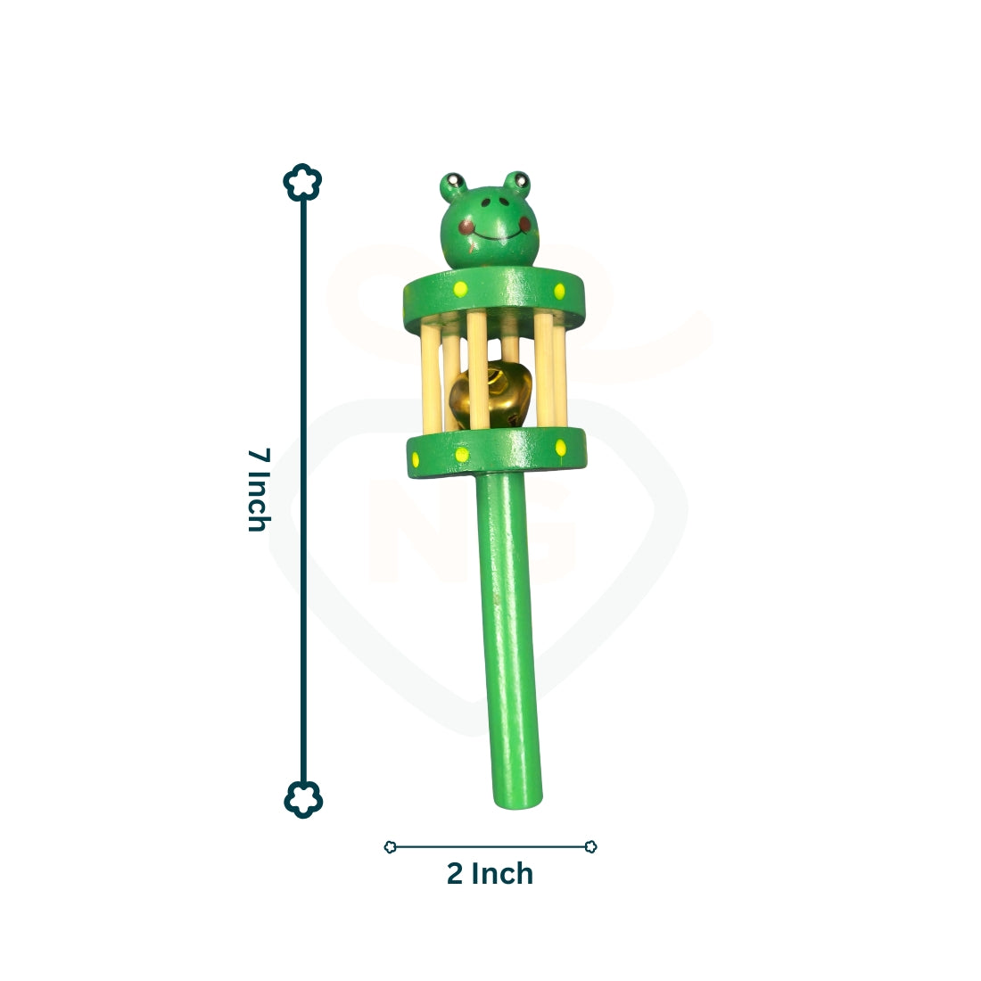 Green wooden baby rattle toy with bell sound