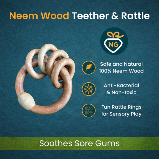Neem Wood Teether Combo Set for Babies | Natural Wooden Teething Toys & Rattles (Pack of 3)