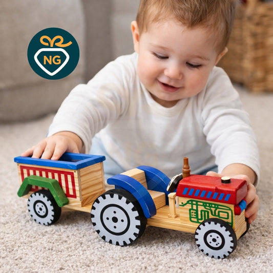 Wooden Tractor Toy with Trailer for Kids | Handmade Natural Wooden Toy