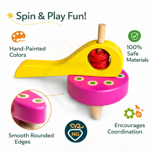 Wooden Spinning Top Toy for Kids | Handcrafted Pull String Spinner | Montessori Learning Toy