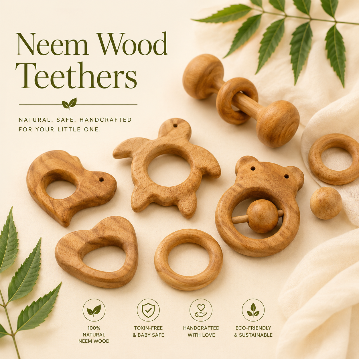 Organic neem wood baby teethers and rattles online India
