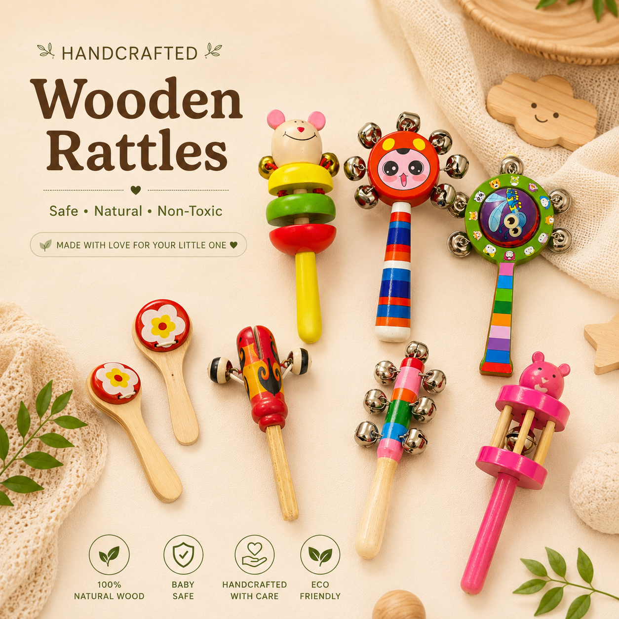 Handcrafted organic wooden rattles for newborn sensory play