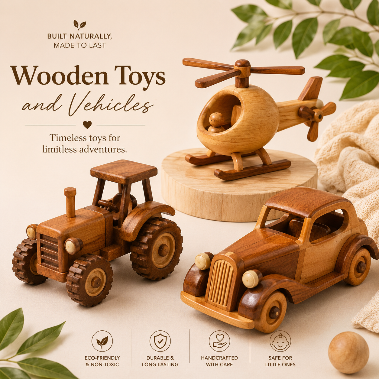 Handcrafted eco-friendly wooden toy cars and tractor for kids