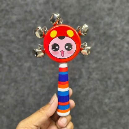Wooden Smiley Jhunjhuna for Baby | Hand Rattle Toy with Bells | Safe Wooden Baby Toy | Infant Sensory Toy