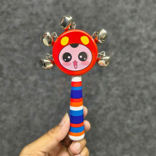 Wooden Smiley Jhunjhuna for Baby | Hand Rattle Toy with Bells | Safe Wooden Baby Toy | Infant Sensory Toy