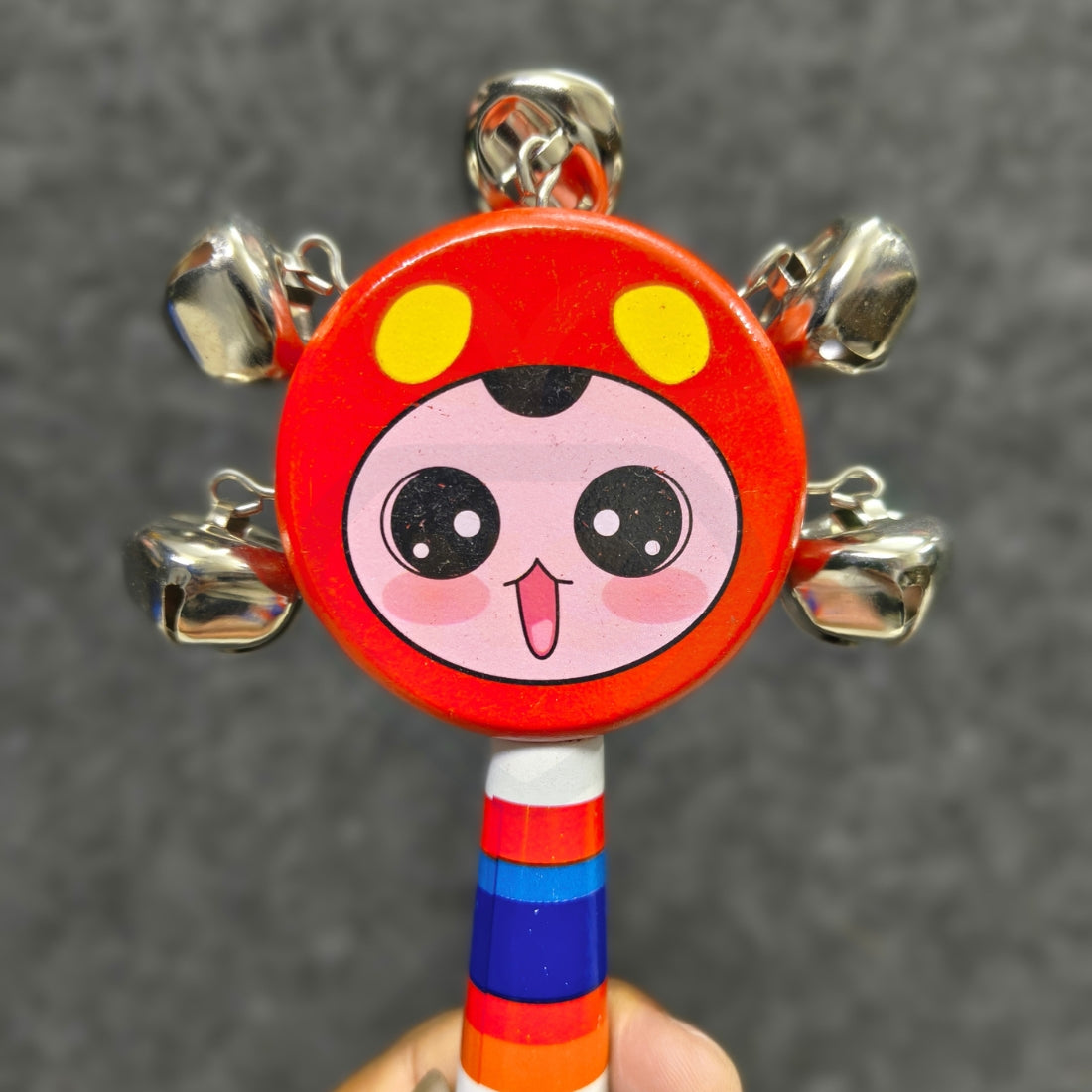 Wooden Smiley Jhunjhuna for Baby | Hand Rattle Toy with Bells | Safe Wooden Baby Toy | Infant Sensory Toy