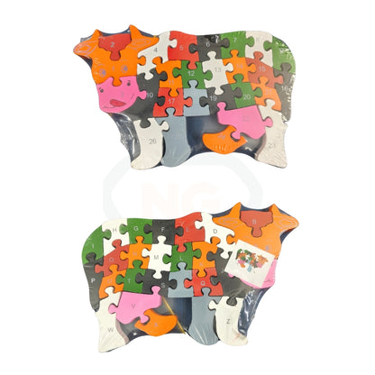 Cow Jigsaw Puzzle Wooden Toy for Kids | Double-Sided Alphabet & Number Learning Puzzle | Educational Animal Puzzle Toy