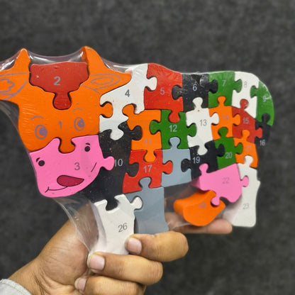 Cow Jigsaw Puzzle Wooden Toy for Kids | Double-Sided Alphabet & Number Learning Puzzle | Educational Animal Puzzle Toy