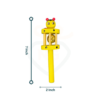 Yellow wooden rattle toy with soft bell sound