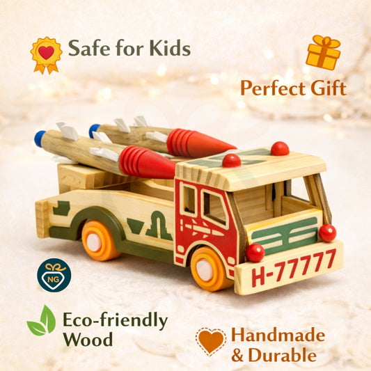 Wooden Rocket Launcher Truck Toy for Kids | Handcrafted Military Truck Toy with Movable Rockets