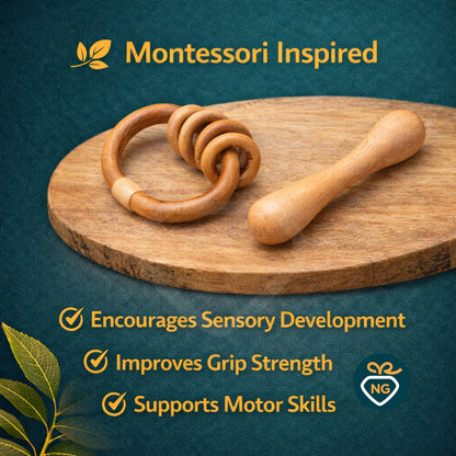 5 Ring Wooden Rattle Teether for Babies | Natural Neem Wood Teething Toy