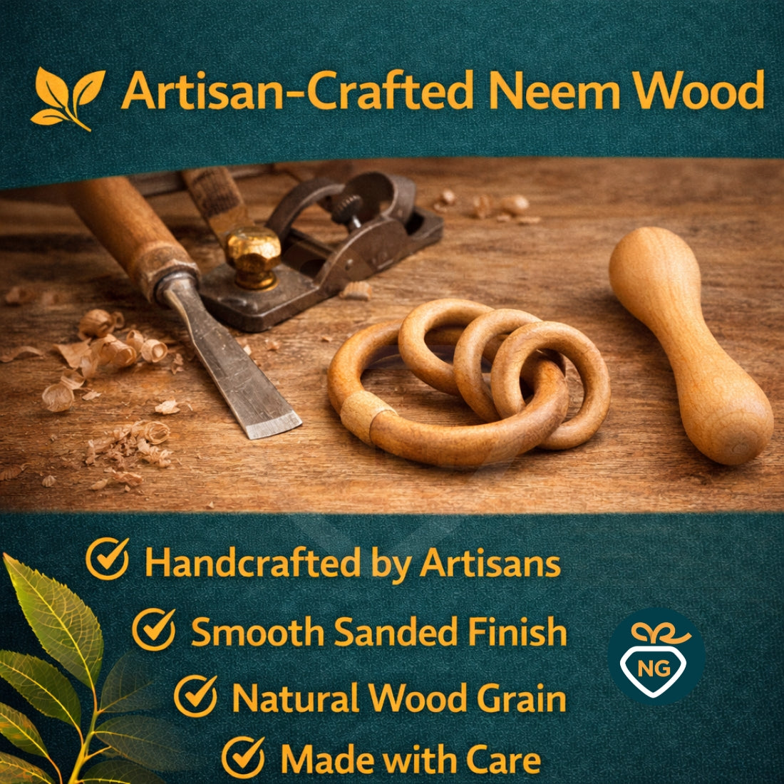 Neem Wood Teether Combo Set for Babies | Natural Wooden Teething Toys & Rattles (Pack of 3)