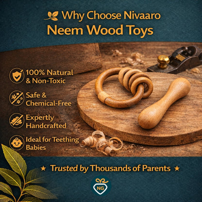 Neem Wood Teether Combo Set for Babies | Natural Wooden Teething Toys & Rattles (Pack of 3)