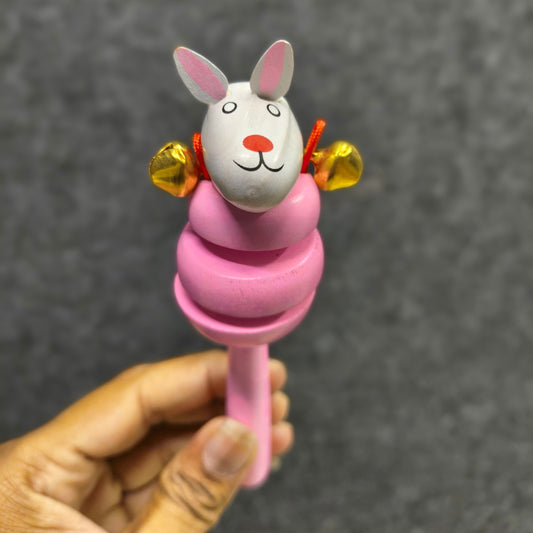 Pink bunny wooden baby rattle toy for infants