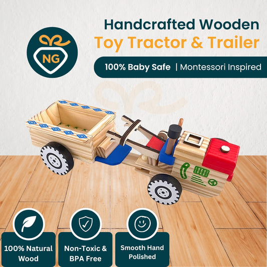 Wooden Tractor Toy with Detachable Trailer for Kids | Handmade Montessori Wooden Toy