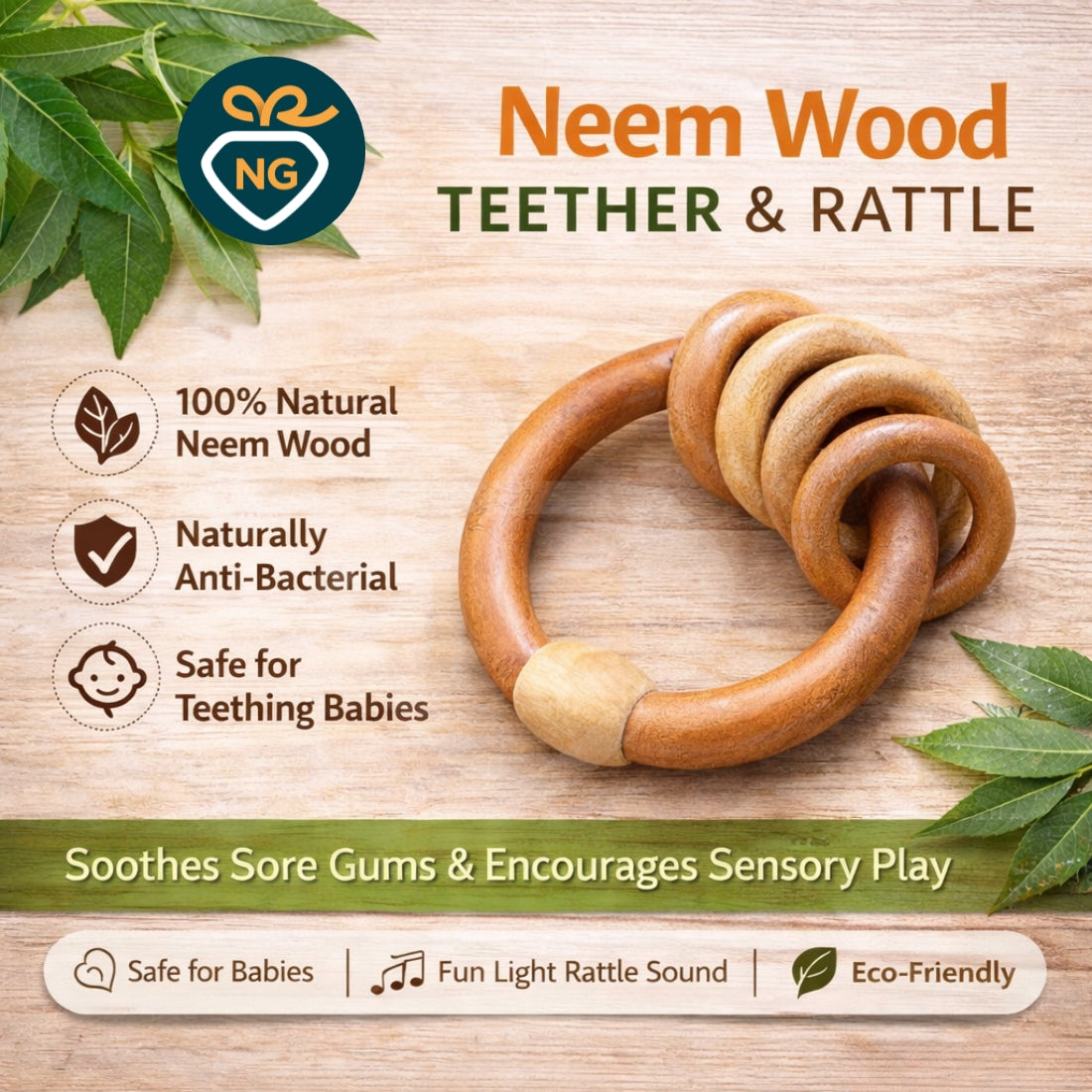5 Ring Wooden Rattle Teether for Babies | Natural Neem Wood Teething Toy