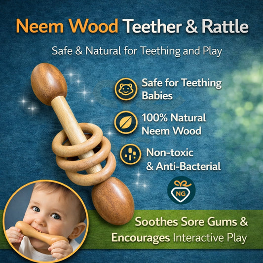 Natural Neem Wood Baby Teether & Rattle | Safe Teething Toy with Sensory Rings