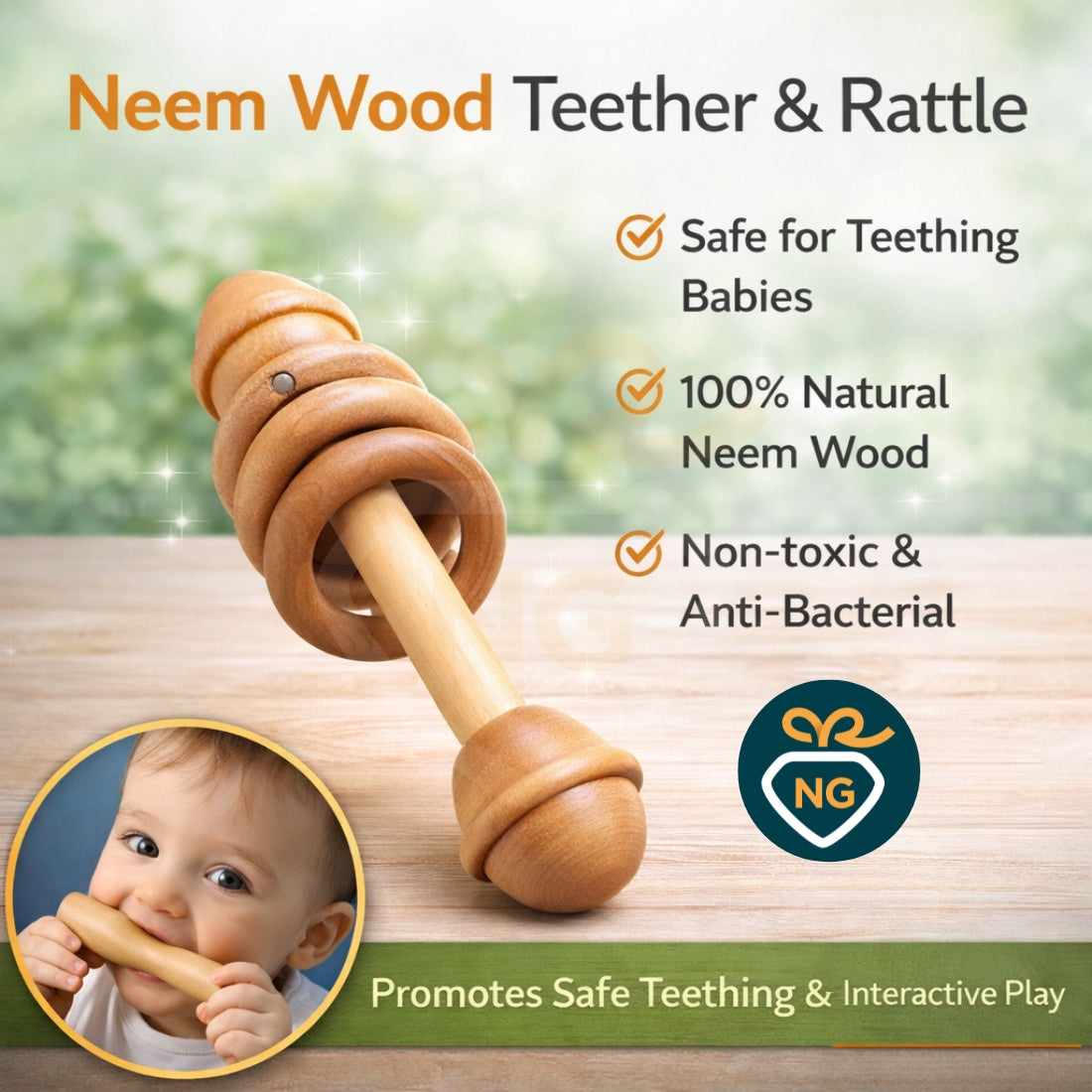 Neem Wood Teether Rattle for Babies | Stick with Cap Handmade Natural Wooden Teething Toy