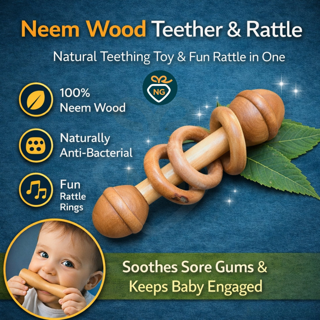Neem Wood Teether Rattle for Babies | Stick with Cap Handmade Natural Wooden Teething Toy