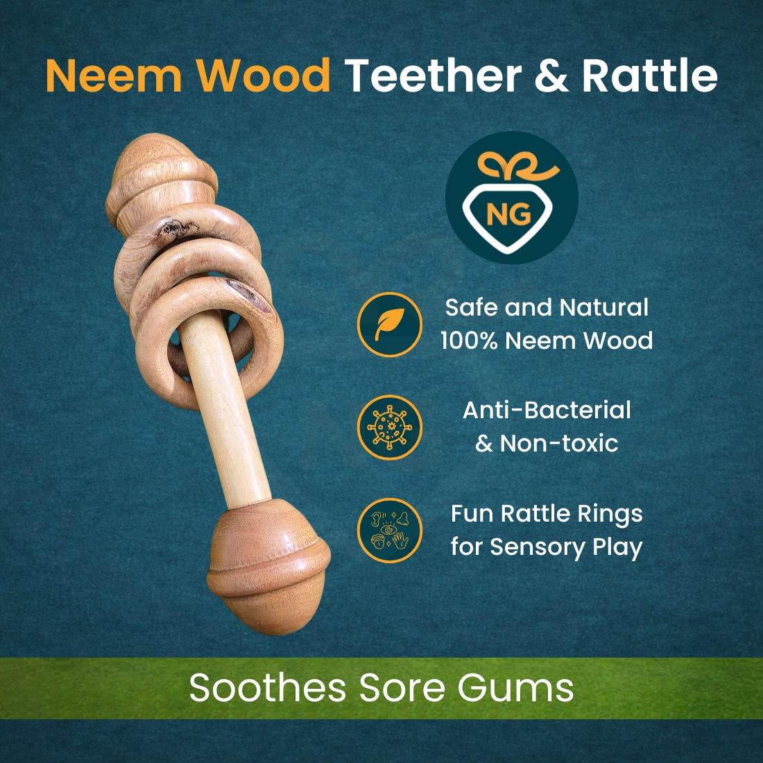 Neem Wood Teether Combo Set for Babies | Natural Wooden Teething Toys & Rattles (Pack of 3)