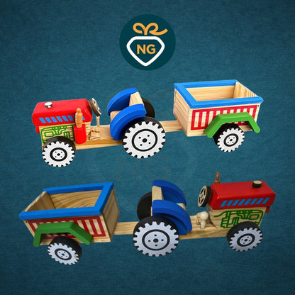 Wooden Tractor Toy with Trailer for Kids | Handmade Natural Wooden Toy