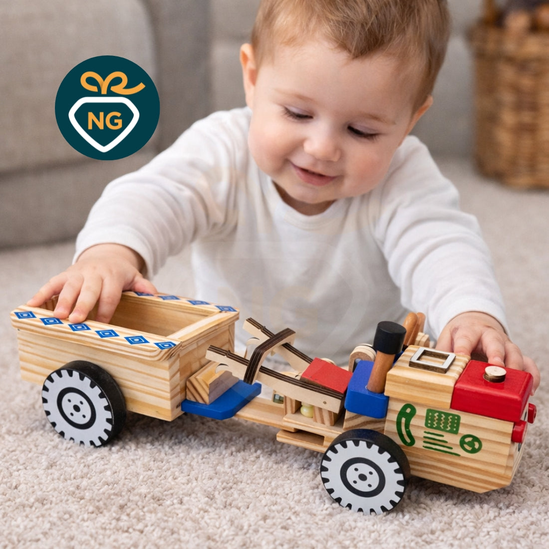 Wooden Tractor Toy with Detachable Trailer for Kids | Handmade Montessori Wooden Toy