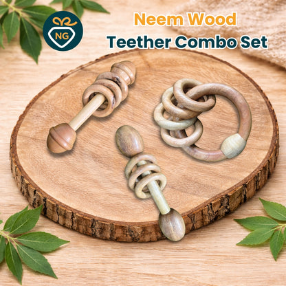 Neem Wood Teether Combo Set for Babies | Natural Wooden Teething Toys & Rattles (Pack of 3)