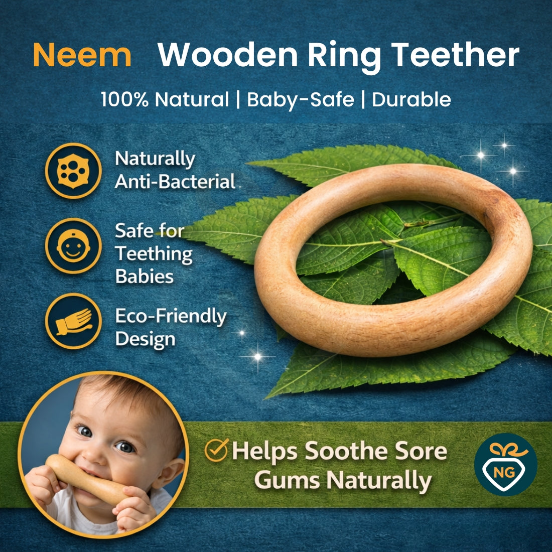 Neem Wood Ring Teether for Babies | Natural Wooden Teething Toy (BPA Free & Non-Toxic)