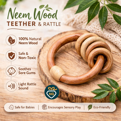 5 Ring Wooden Rattle Teether for Babies | Natural Neem Wood Teething Toy