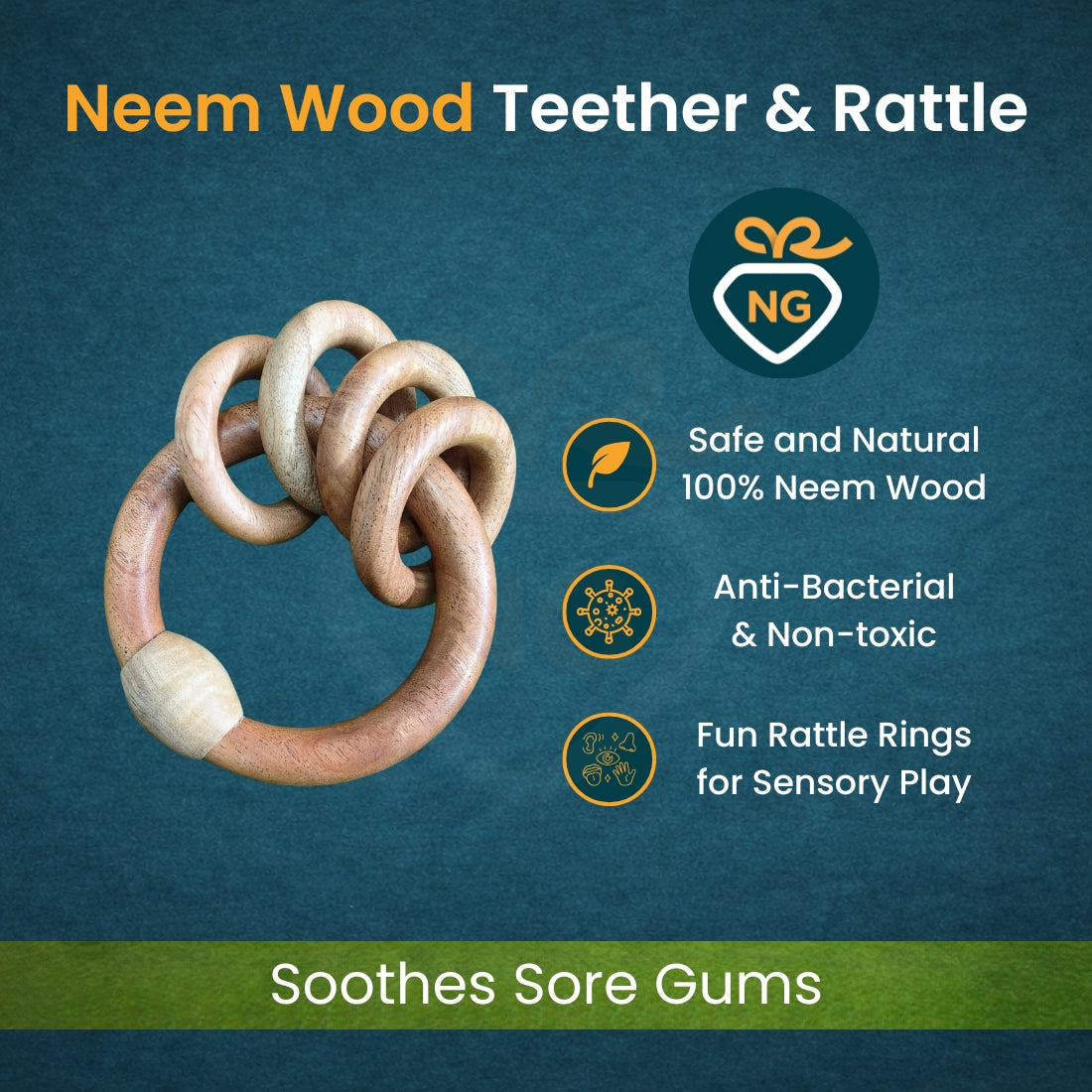 Neem Wood Teether Combo Set for Babies | Natural Wooden Teething Toys & Rattles (Pack of 3)