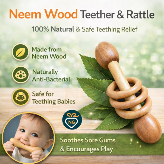Natural Neem Wood Baby Teether & Rattle | Safe Teething Toy with Sensory Rings