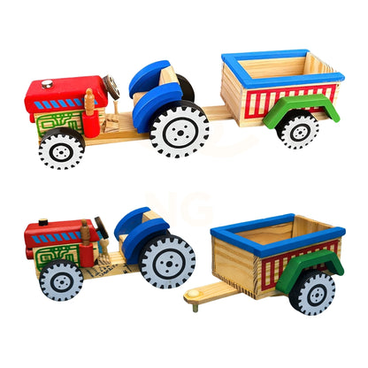 Wooden Tractor Toy with Trailer for Kids | Handmade Natural Wooden Toy