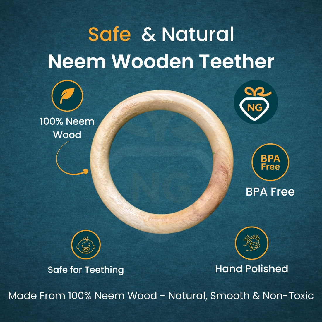 Neem Wood Ring Teether for Babies | Natural Wooden Teething Toy (BPA Free & Non-Toxic)