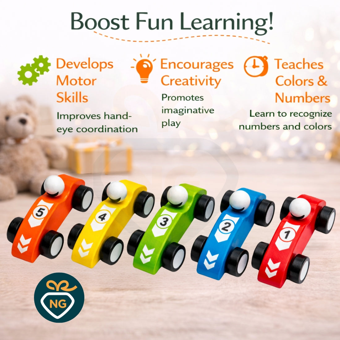Wooden Toy Sport Car for Kids | Handcrafted Racing Cars Set (5 Colors) | Montessori Learning Toy