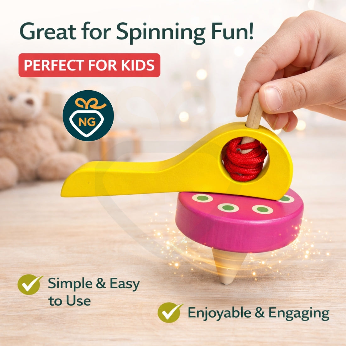 Wooden Spinning Top Toy for Kids | Handcrafted Pull String Spinner | Montessori Learning Toy