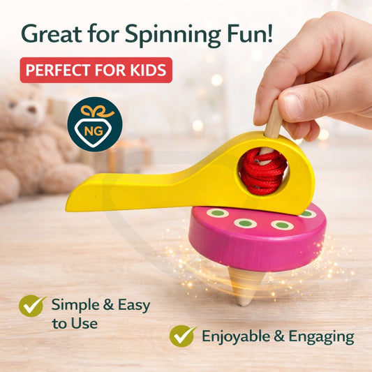 Wooden Spinning Top Toy for Kids | Handcrafted Pull String Spinner | Montessori Learning Toy