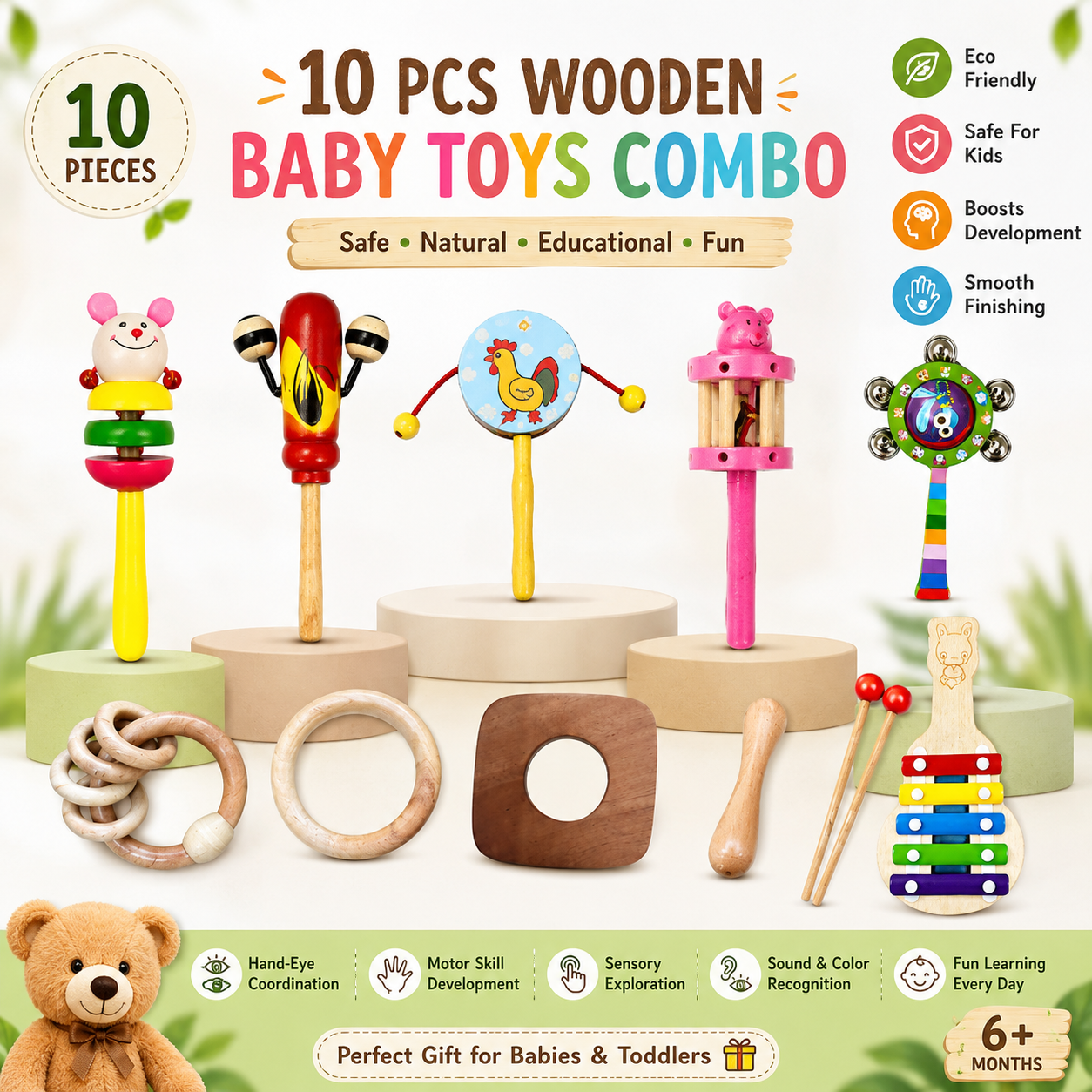 Wooden Baby Toys Combo Pack – 10 Pieces Montessori Educational & Sensory Toys Set for Babies and Toddlers