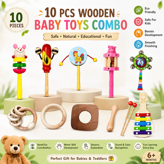 Wooden Baby Toys Combo Pack – 10 Pieces Montessori Educational & Sensory Toys Set for Babies and Toddlers