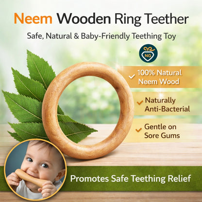 Neem Wood Ring Teether for Babies | Natural Wooden Teething Toy (BPA Free & Non-Toxic)