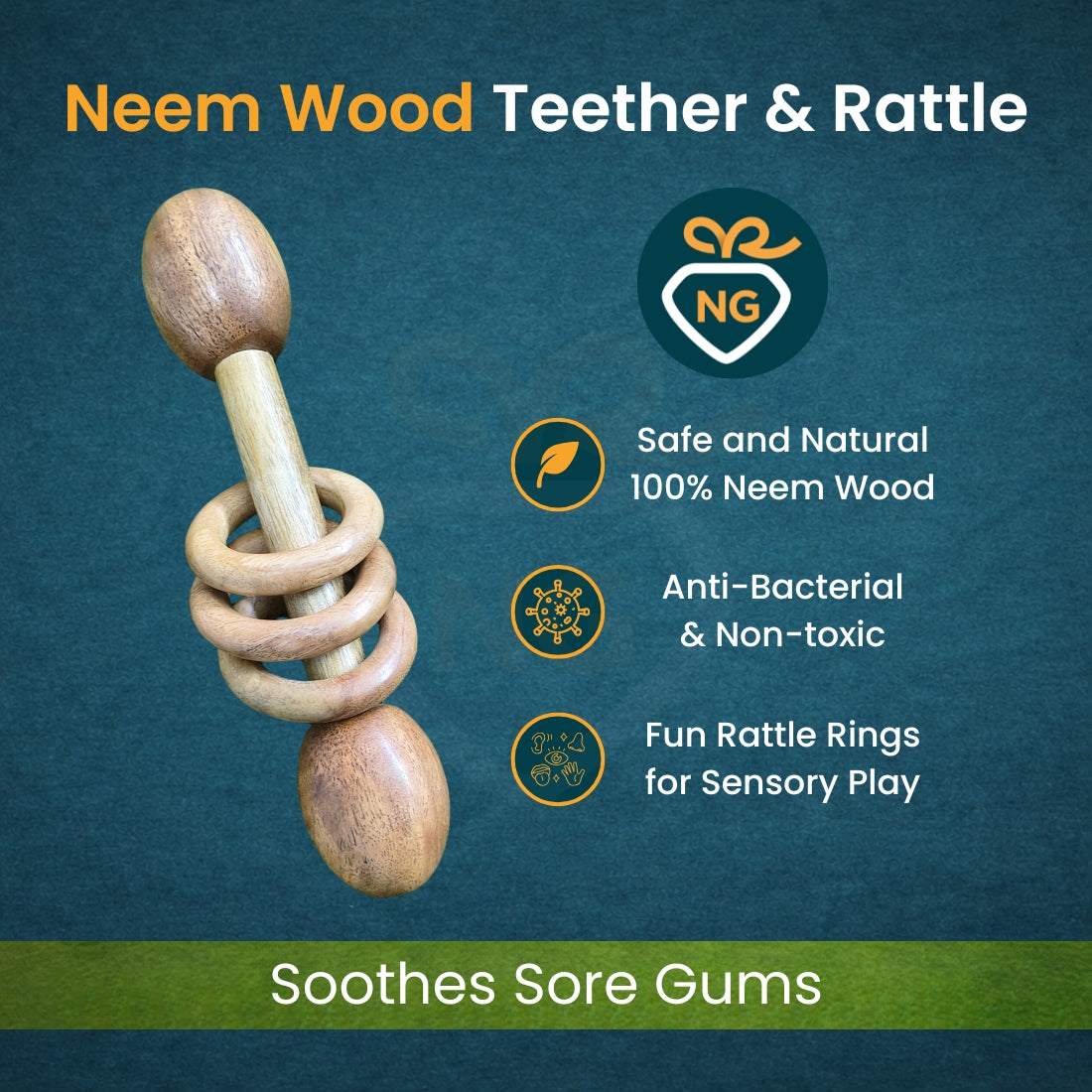 Neem Wood Teether Combo Set for Babies | Natural Wooden Teething Toys & Rattles (Pack of 3)