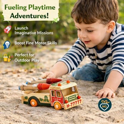 Wooden Rocket Launcher Truck Toy for Kids | Handcrafted Military Truck Toy with Movable Rockets