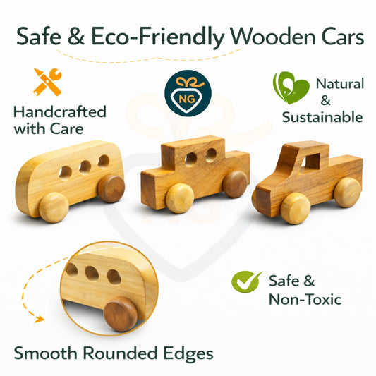 Wooden Toy Vehicles Set for Kids | Car, Jeep & Bus | Handcrafted Montessori Learning Toy