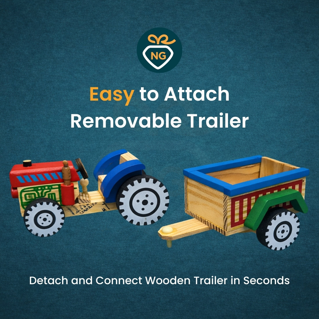 Wooden Tractor Toy with Trailer for Kids | Handmade Natural Wooden Toy