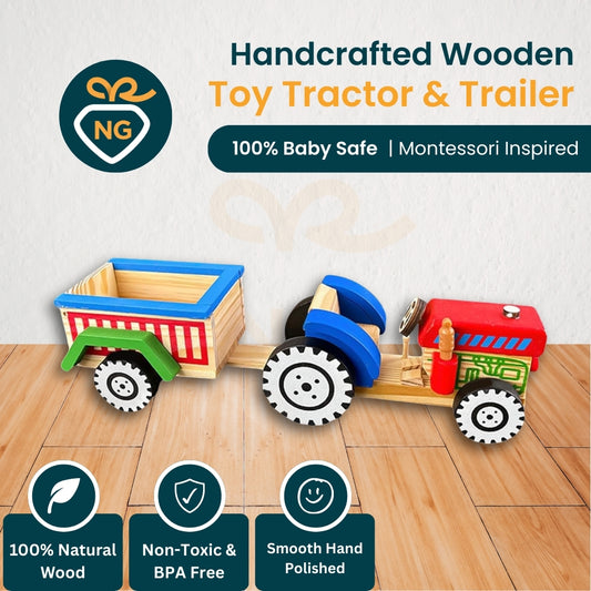 Wooden Tractor Toy with Trailer for Kids | Handmade Natural Wooden Toy